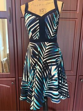 Trina Turk Black, Teal & White Palm-Print Fit-and-Flare Midi Dress